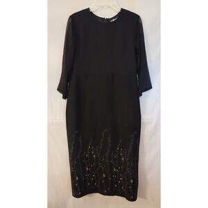 Sag Harbor Long Black Dress Back Slit Florals on Botton Sheer Lng Sleeves Size 8